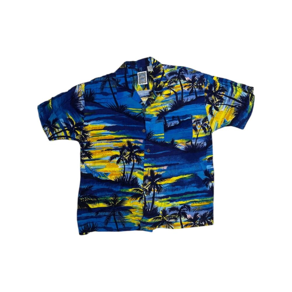 Ocean Current Hawaiian Shirt XL Blue Tropical Palm Tree Sunset Rayon Camp Collar